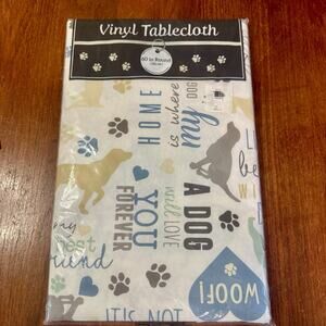 60” Round Dog Vinyl Flannel Back Tablecloth Paw Print Pet Theme Wipe Clean New